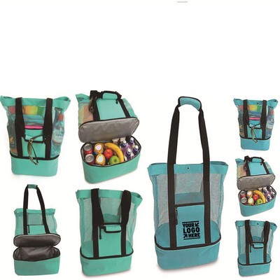 Mesh Tote Beach Bag With 2 - in - 1 Cooler