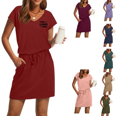 Tie Waist Women V Neck Dresses