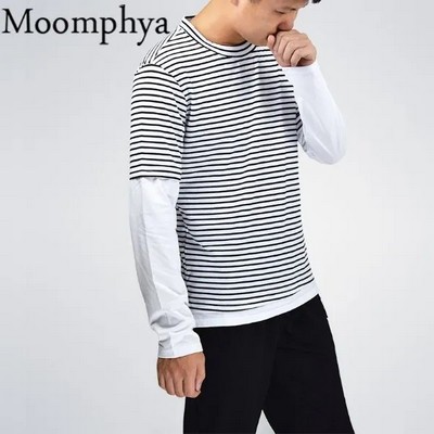 Men's Striped Patchwork Long Sleeve Hip Hop T-Shirt