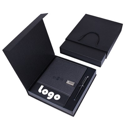 Executive Elegance Gift Set - A5 Notebook, 8000mAh Wireless Charger & USB Drive