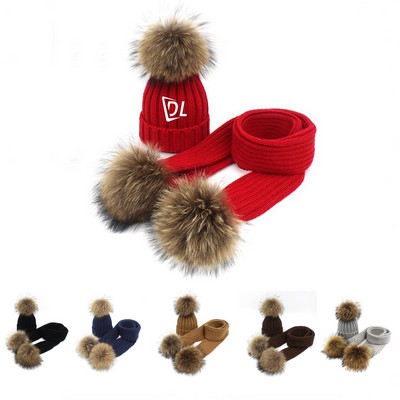 Children Knitted Beanie Scarf Set With Fuzzy Ball