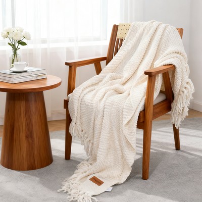Chenille Knitted Throw Blanket With Fringe Accents
