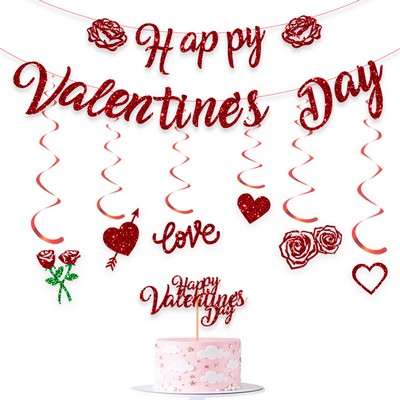 Valentine's Day Party Decoration Set: Heart Banner, Cake Toppers, and Flag Kit