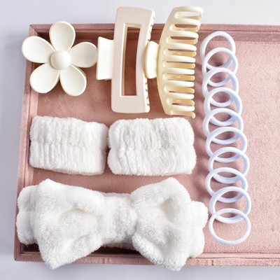 16-Piece Ultimate Hair Accessory Set Soft Bow Spa Headband, Large Matte Claw Clips & High-Elasticity