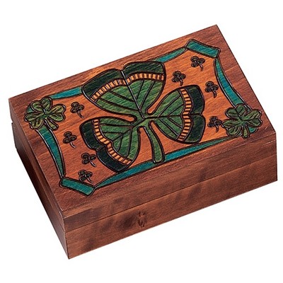 Wood Box w/Shamrocks & Ribbon On Lid (5 7/8"x3 7/8"x2 1/8")