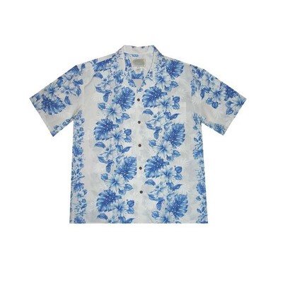 White/Blue Hawaiian Shirt (S - 3XL in-stock) - 100% Cotton Poplin Tropical Print w/ Coconut Buttons