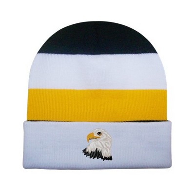 Knit Beanie Cuffed Cap w/Stripes