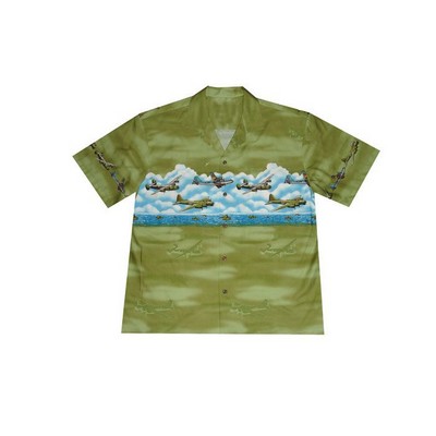 Green Hawaiian Tropical Military Print Shirt / 100% Cotton Poplin / Airplanes Circa WWII