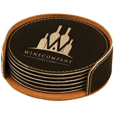 Round Coaster Set - Leatherette - Black/Engraves Gold