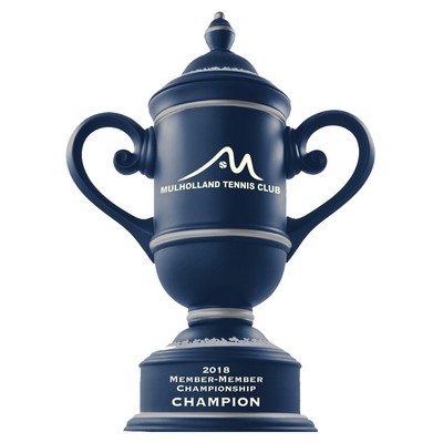 Blue/Ivory White Custom Ceramic Trophy Cup w/Handles & Lid