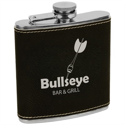 Engraved Stainless Steel Leather Two Tone Black/Silver Flask