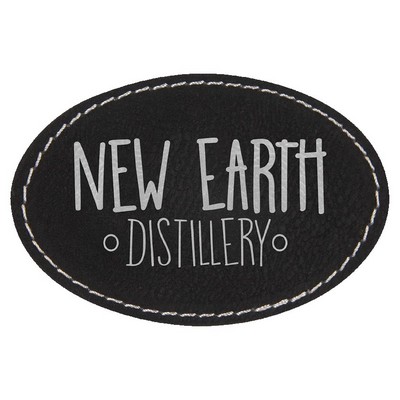 Oval Engraved Patch with Adhesive, Black Faux Leather, 3" x 2"