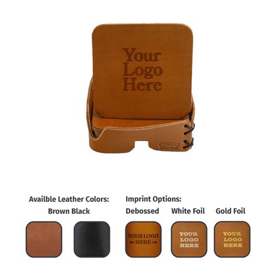 Full-Grain Leather Coaster Set of 4 -Square Coaster w/Holder and Gift Box