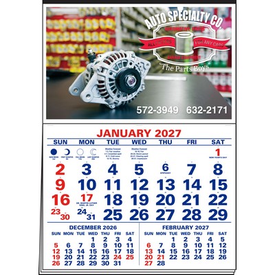 3-Months-In-View 4-Color Imprint Half Apron Calendar (Red & Blue)