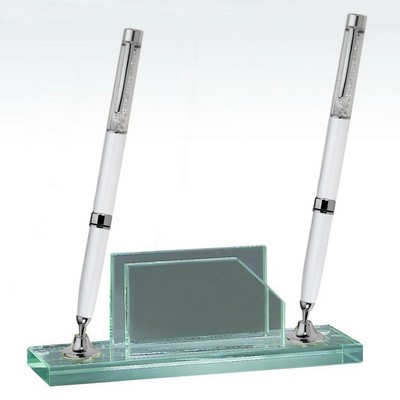 2 White Pen Set w/ Business Card Holder