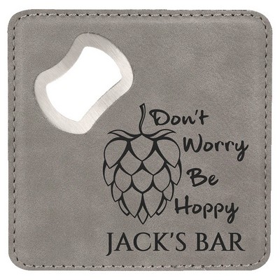 4" x 4" Square Gray Leatherette Bottle Opener Coaster