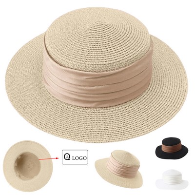 Summer Beach Sun Protective Flat Straw Hat For Women
