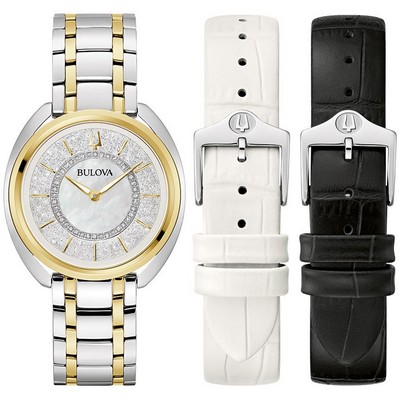 Bulova Watches Ladies' Crystal Duality Box Set Ss Bracelet White Mop Leather Interchangeable Strap