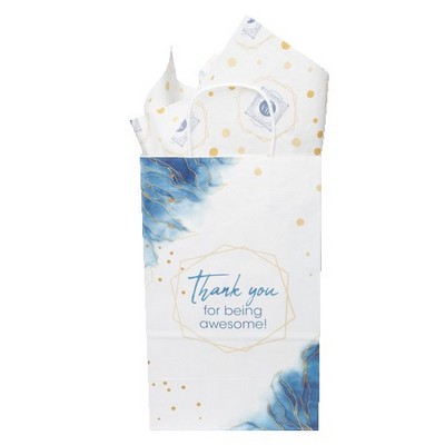 13.375" White Green Handle Shopper with Tissue Paper Bundle