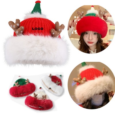 Funny Holiday Hats Christmas Reindeer Winter Warm Beanie Hat with Fleece