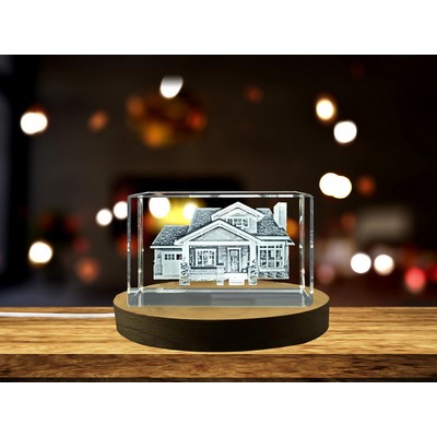 Cottage House 3D Engraved Crystal Trophy Award - Elegant Home Decor w/LED Base Light