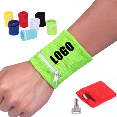 Sports Polyester Cotton Wrist Wallet Wristband Sweatband w/Zipper