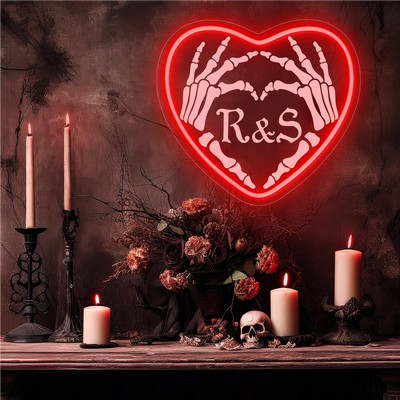 Heart Shaped Skeleton Hand Custom Initials UV Print Neon Sign