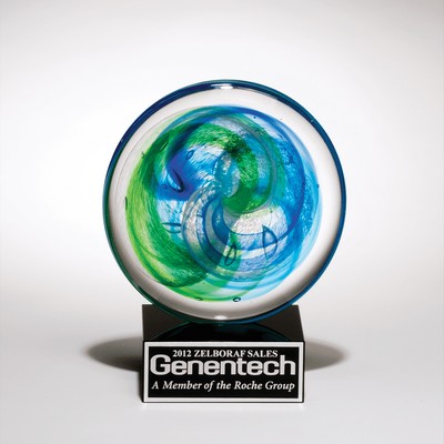 Blue and Light Green Disk Art Glass on Black Glass Base, 7-1/4"H x 5-3/4"W