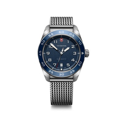 Swiss Army Auto 42mm, silver case, blue bezel/dial, steel bracelet