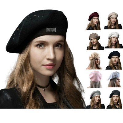 Round Crown Wool Beret Hat w/ Rhinestone Detailing