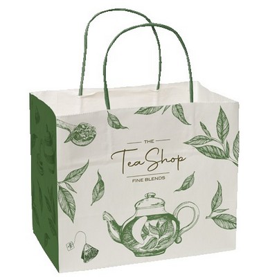 Multi-Sided Full Color White Shopper Paper Bag - Green Handle (8.5"x 7.25"x 5")