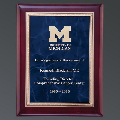 Rosewood Piano Finish Rectangle, Sapphire Blue Marble Plate w/Gold Florentine, Small (7"x9")