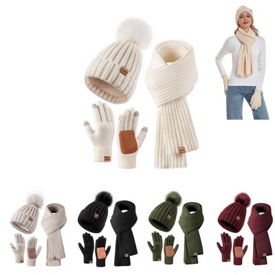 Womens Winter Beanie Hat Scarf Gloves Set