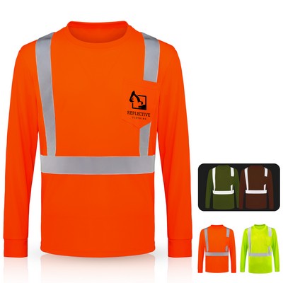 4 Oz. Class 2 Long Sleeve Hi Vis Reflective Safety T-Shirt W / Pocket