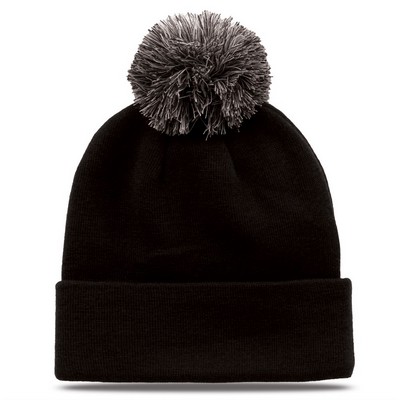 Fine Gauge Knit Roll Up Beanie with Pom