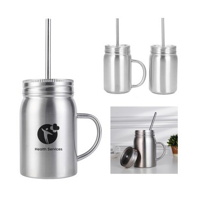 16 Oz Double Wall Insulated Mason Jar with Handle and Lid Straw
