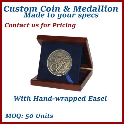 Executive Medallion Presentation Wooden Box w/ Flat or Easel Stand View - Made to Order