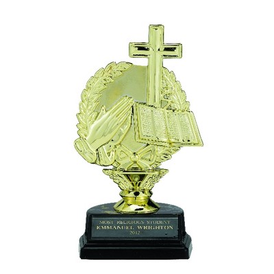 6 ½" Religious Cross & Bible Trophy w/Black Marble Base