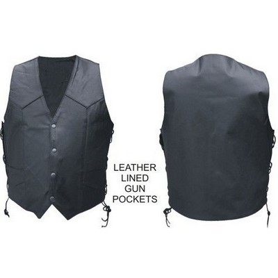 Men's Biker Style Soft Buffalo Leather Vest w/Side Laces & Gun Pockets