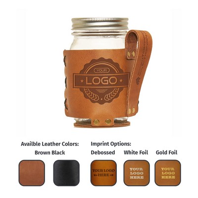 Full-Grain Leather Regular Mouth Mason Jar Holder w/Handle. Made in USA