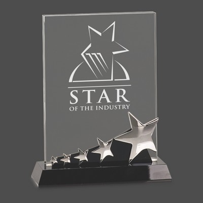 Rectangle Crystal Award w/Silver Stars on Black Pedestal Base (8")