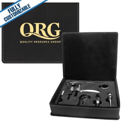 Black & Gold Leatherette - 5-Piece Wine Tool Gift Set