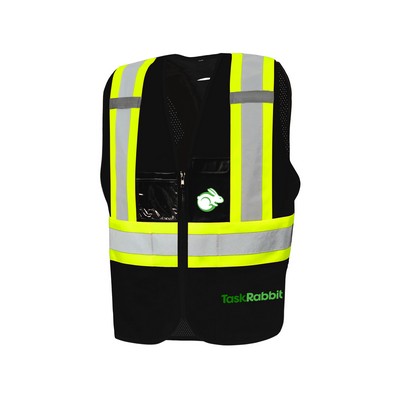 Black Solid Front/Mesh Back Traffic Vest w/Zipper, 4" Tape, & 8 Pockets