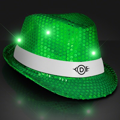 Sequin Green Fedora Hats with White Bands - PRINTED