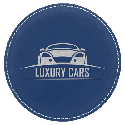 Round Coaster, Blue Faux Leather, Engraved, 4" Dia