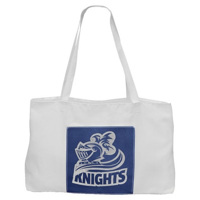 19" x 12" White Bag with 5" Blue/Silver Leatherette Gusset