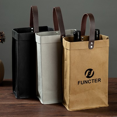 Kraft Paper Double Bottles Wine Carrier Tote Bag Reusable Paper Wine Gift Bag