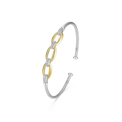 Charles Garnier Sterling Silver "Gleam" Oval -Link with CZ Mesh Cuff Bangle - Silver and Gold