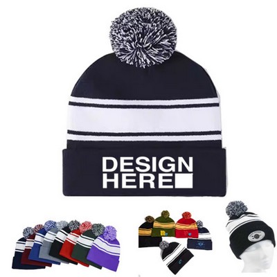 Unisex Stripe Pom Pom Beanie