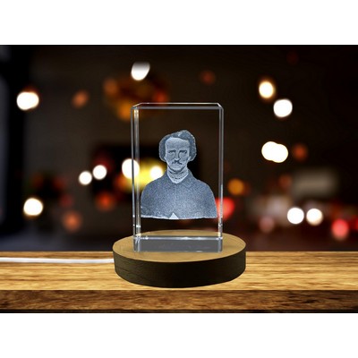 Edgar Allan Poe 3D Laser Engraved Crystal Trophy Award w/LED Base - Literary Art